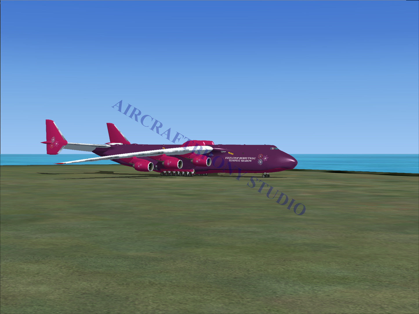 Purple cargo airplane with white wingtips and tail.