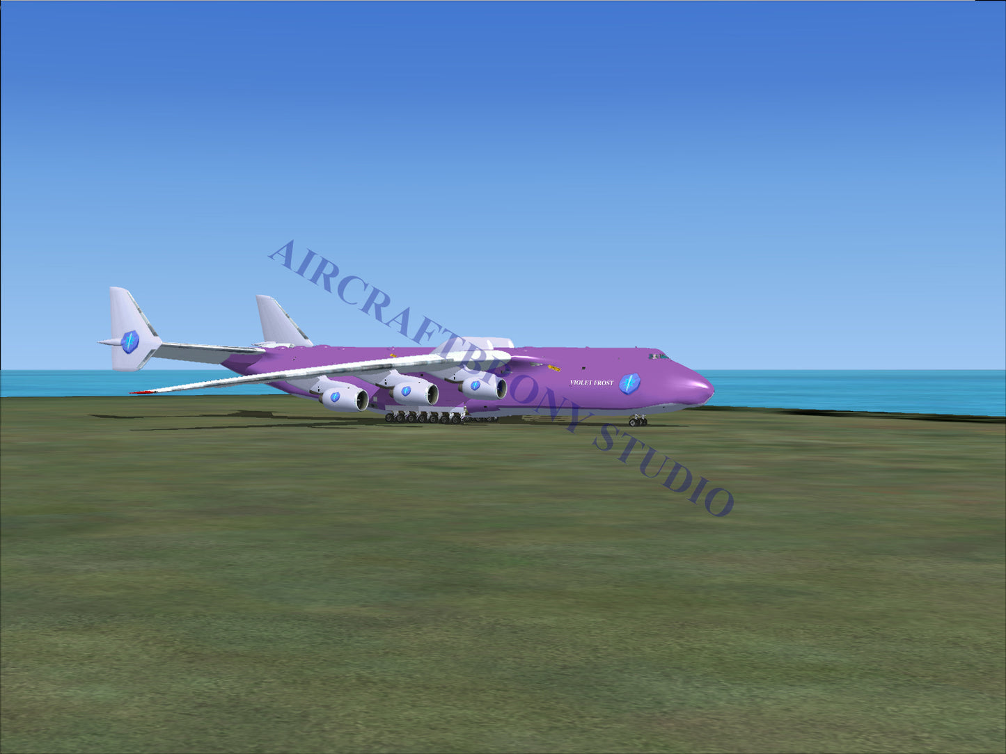 Purple cargo aircraft with six engines.