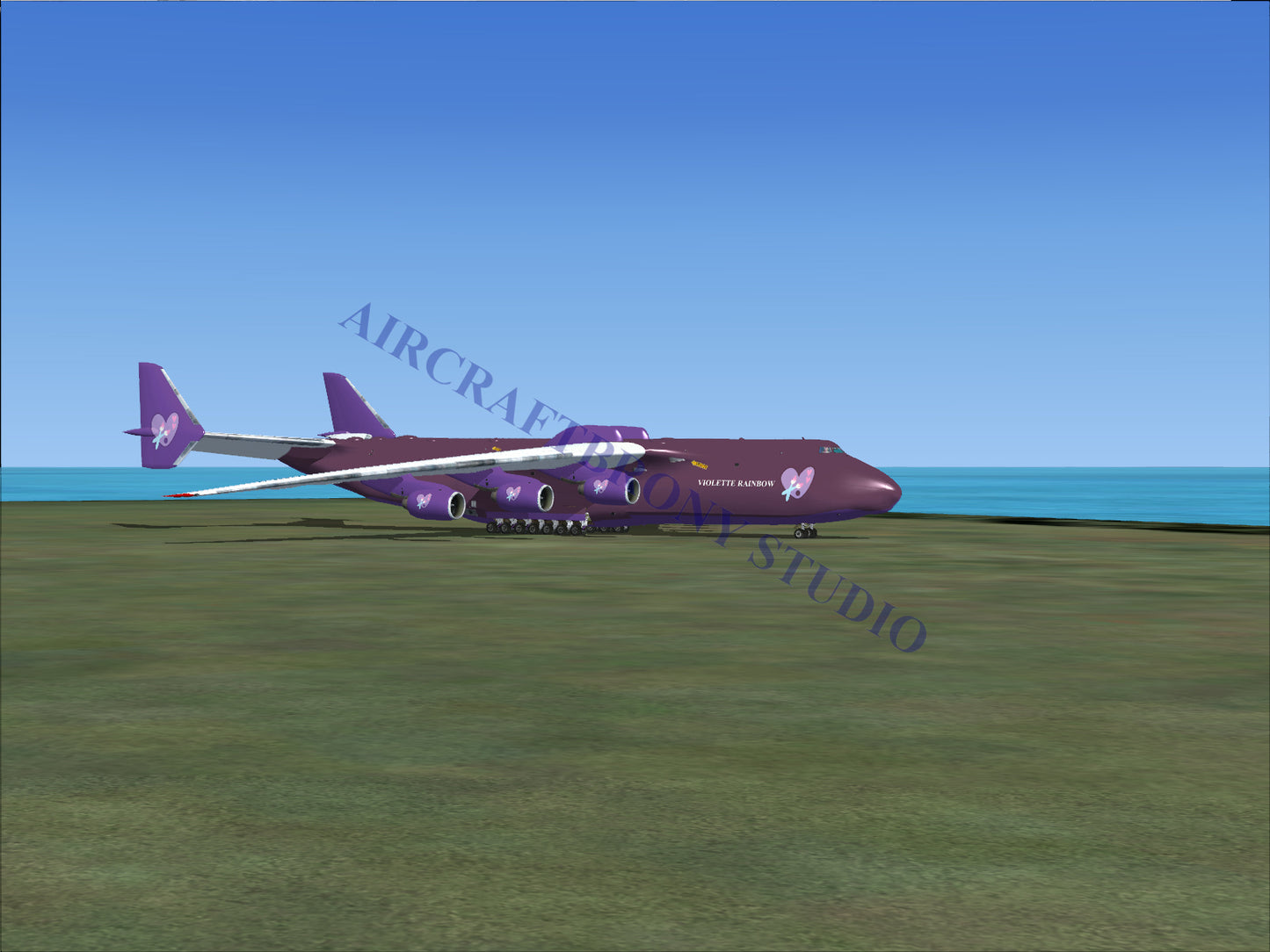 Purple cargo airplane with six engines.