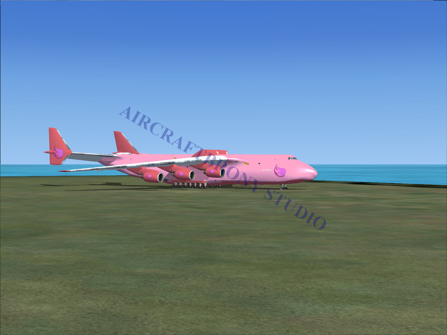 Pink airplane with red tail and purple logo on wing