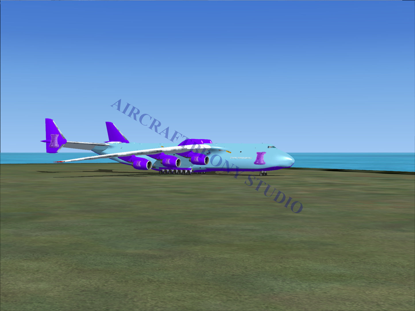 Purple and white cargo plane with large wings, multiple engines, and a distinctive logo on the tail.
