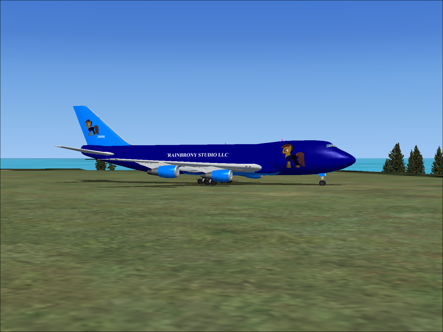 Blue and white jumbo jet.