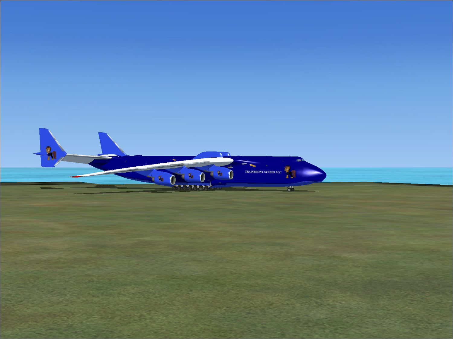 A large, blue cargo aircraft with four engines.