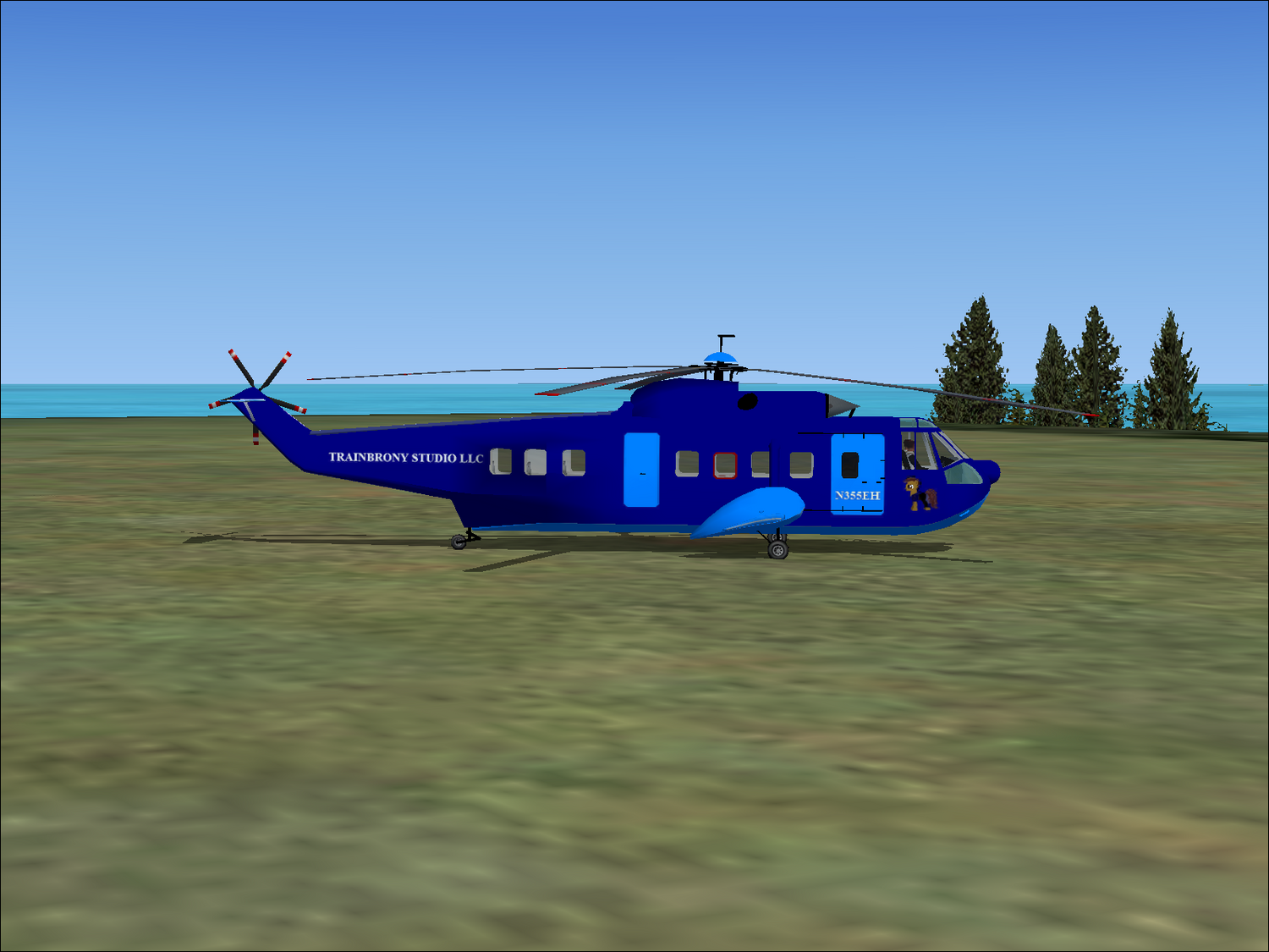Blue and light blue helicopter.