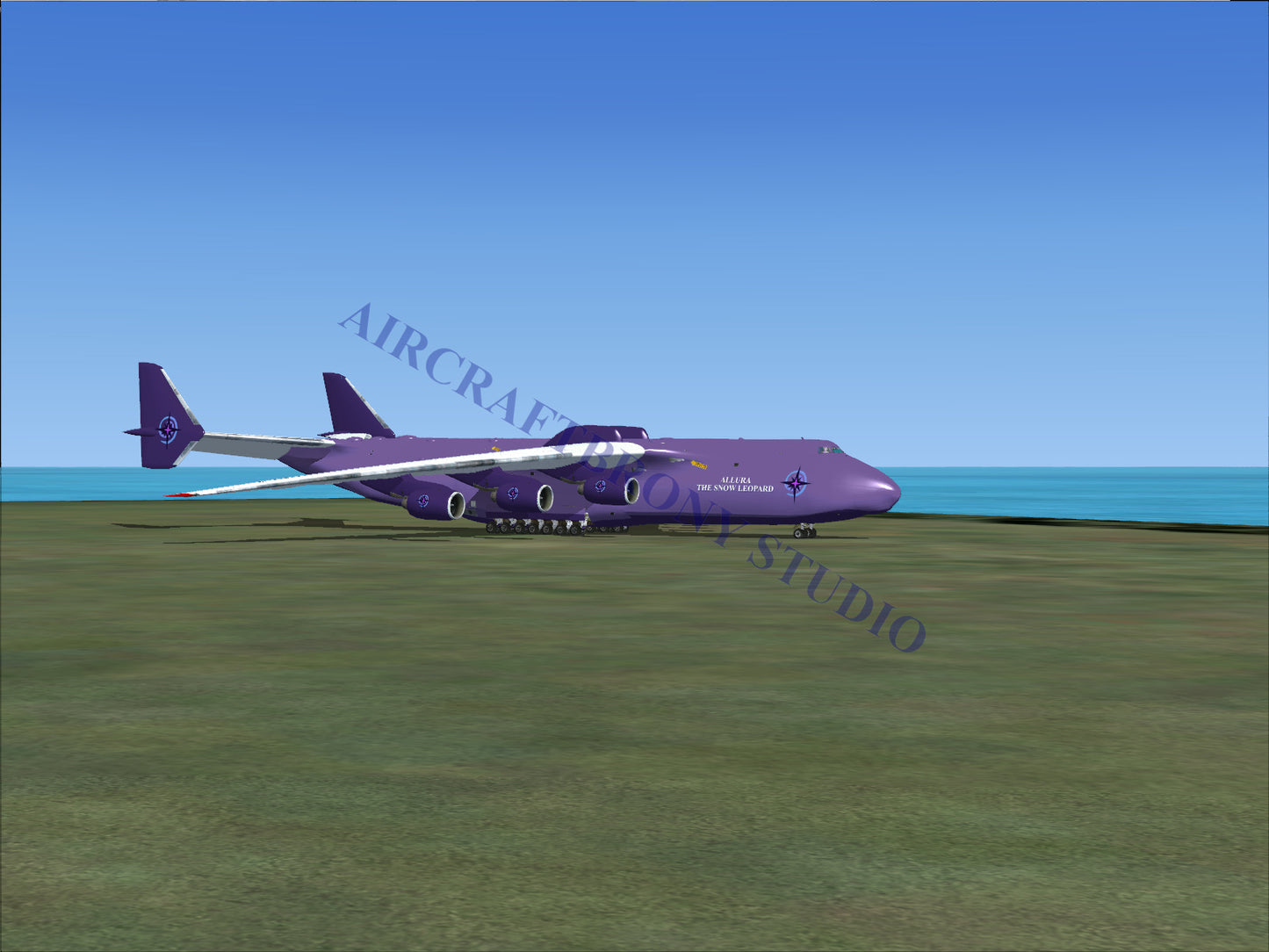 A purple cargo aircraft with multiple engines.