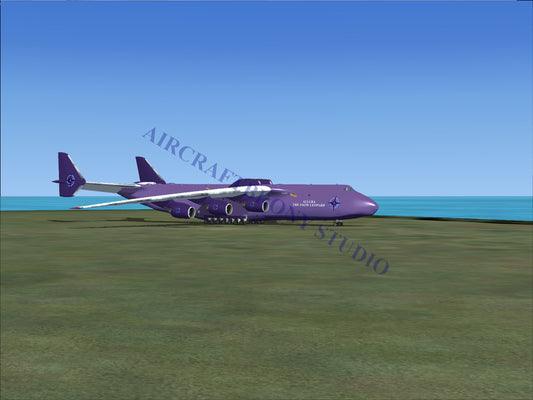 A purple cargo aircraft with multiple engines.