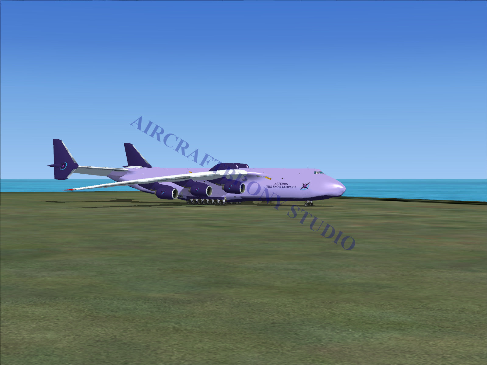 Purple cargo plane with four engines and a large tail fin.