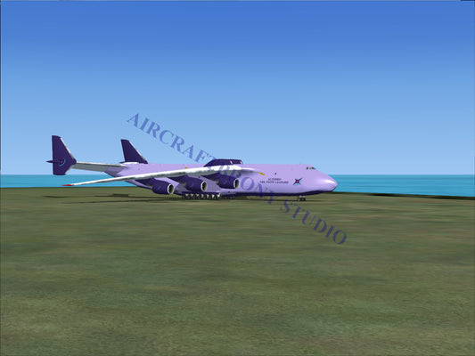 Purple cargo plane with four engines and a large tail fin.
