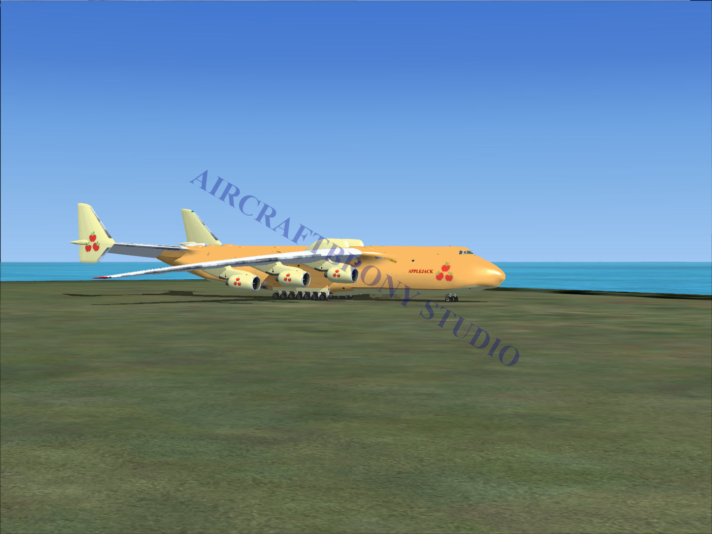 Yellow cargo airplane with six engines.