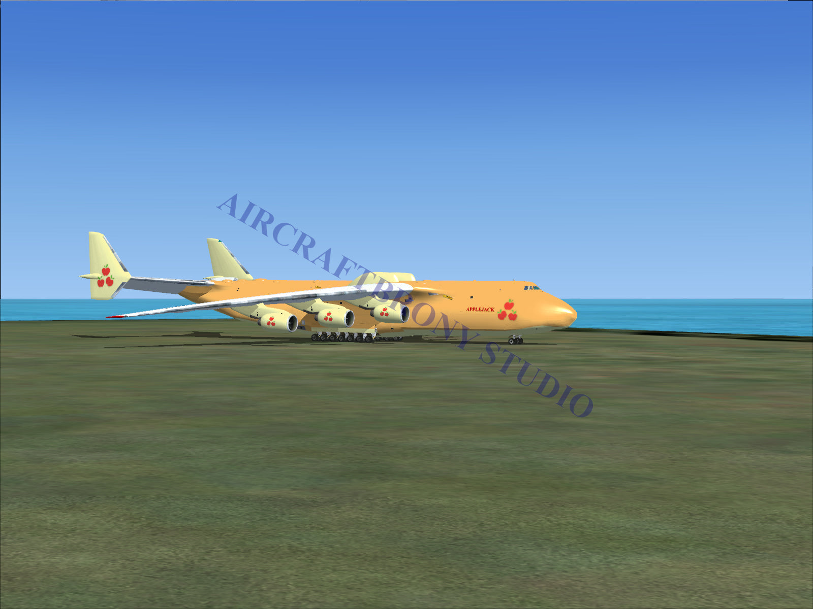 Yellow cargo airplane with six engines.