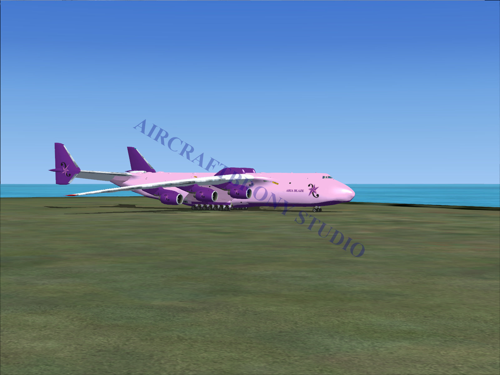 Pink cargo aircraft with six engines.