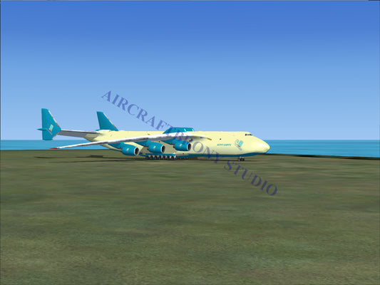 Blue and white cargo plane with four engines, designed for heavy-lift operations.