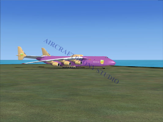 Purple and gold cargo plane model with four engines.