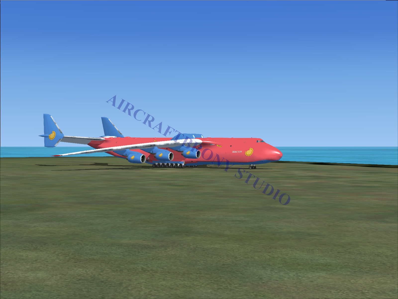 Red cargo plane with blue tail and yellow logo design, likely antonov an-124 model.