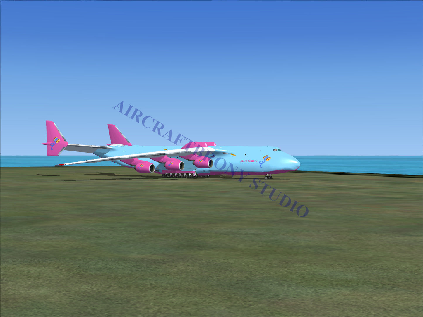 Blue and pink cargo plane with large wings