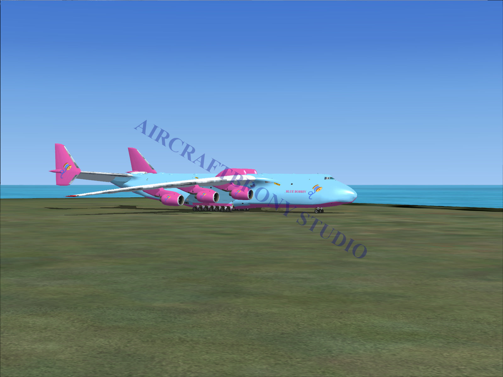 Blue and pink cargo plane with large wings