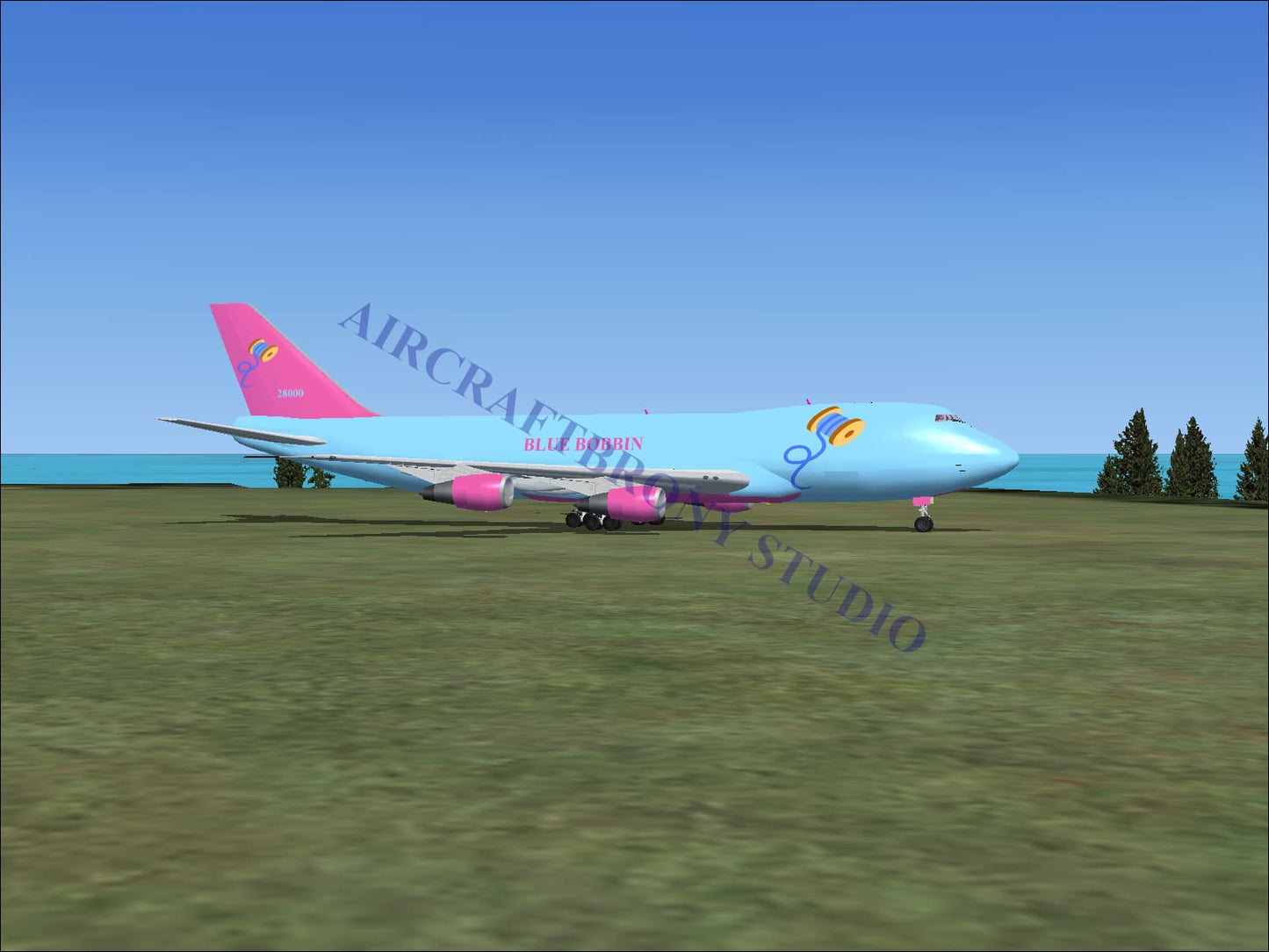 A light blue and pink blue bobbin boeing 747-200 aircraft featuring a cartoonish boeing 747-200 design