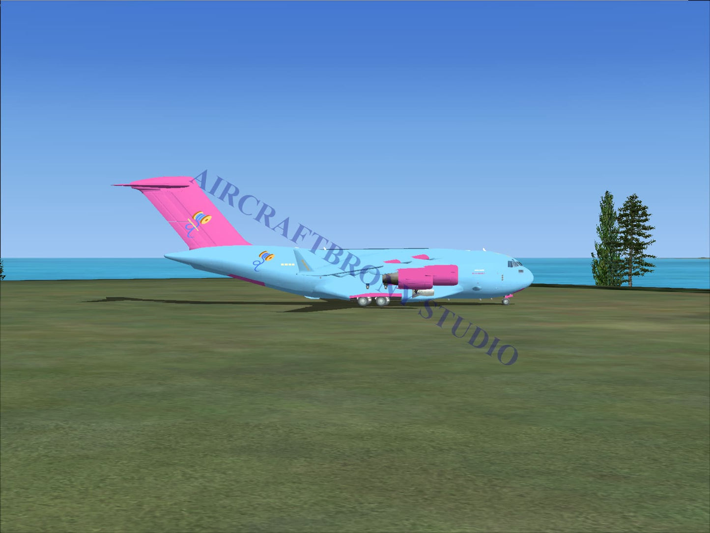 A light blue and pink blue bobbin boeing c-17 cargo airplane with rainbow logo on tail featuring prominent engines and landing gear