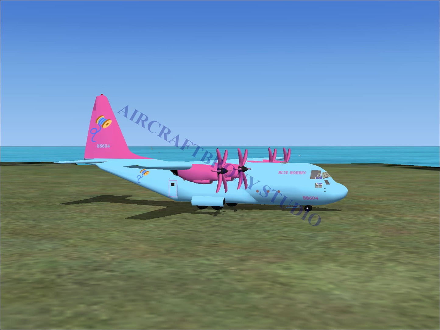Blue bobbin lockheed c-130 digital image of light blue and pink aircraft with rainbow-themed decals