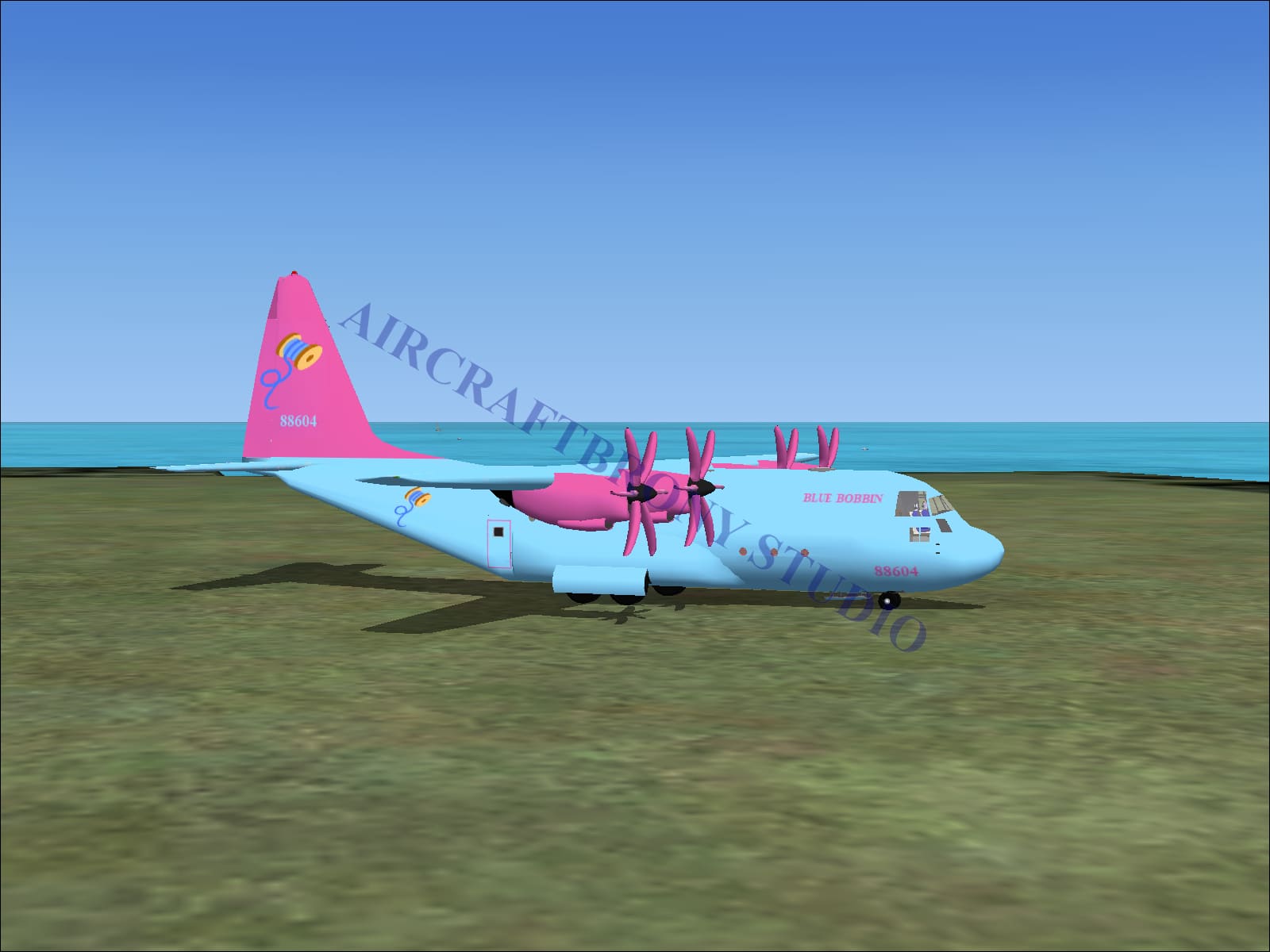Blue bobbin lockheed c-130 digital image of light blue and pink aircraft with rainbow-themed decals
