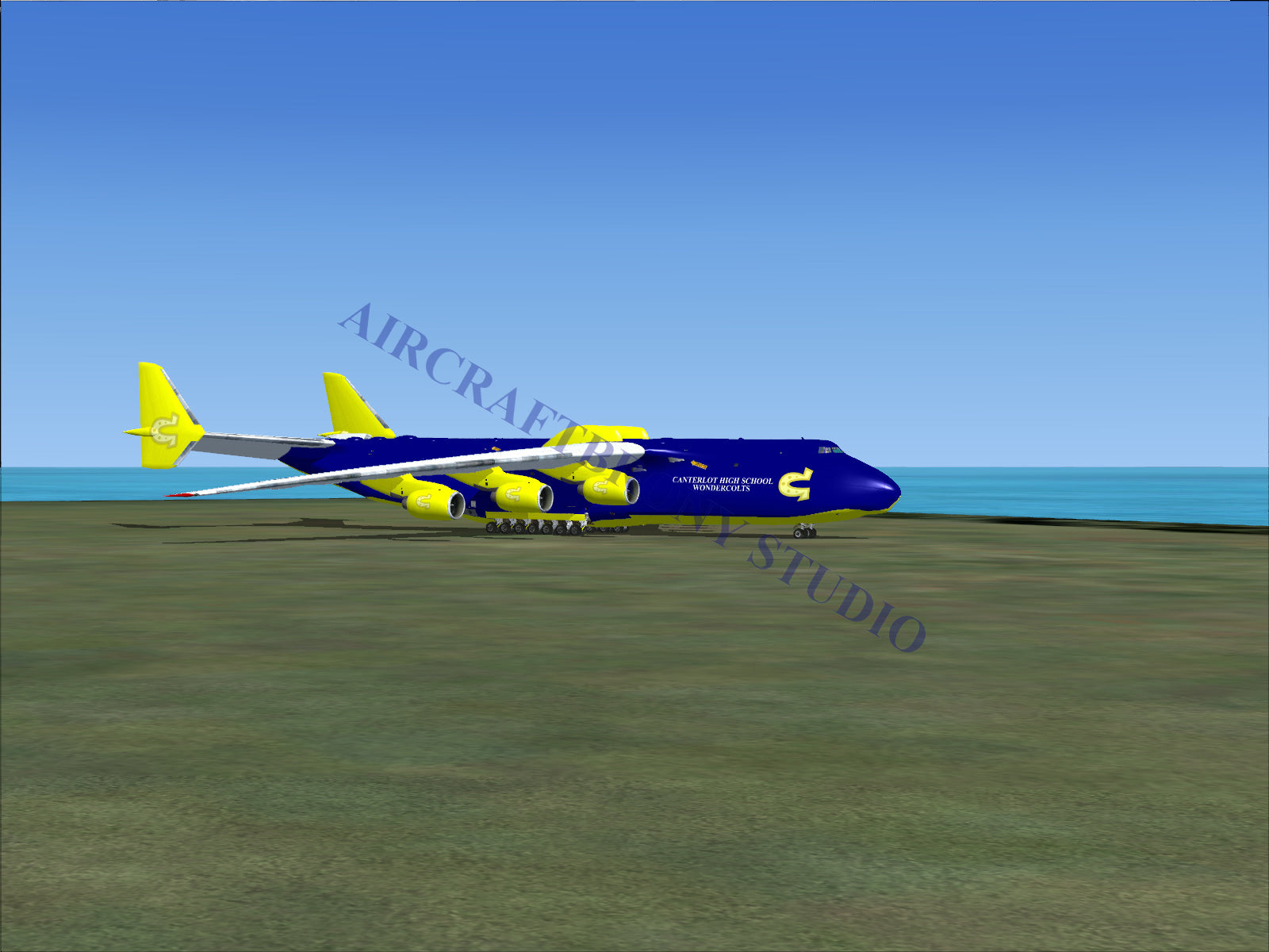 Blue and yellow cargo airplane with multiple engines.