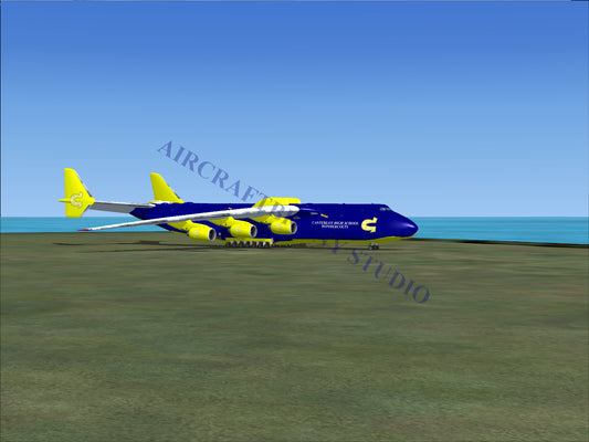 Blue and yellow cargo airplane with multiple engines.