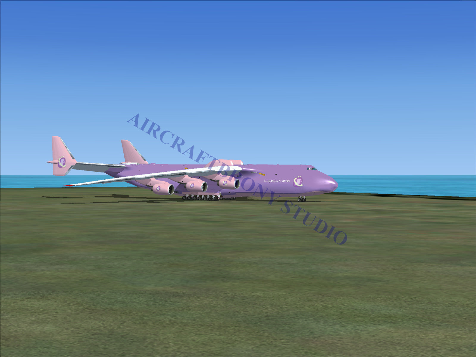 Purple cargo plane with white logo and pink accents.
