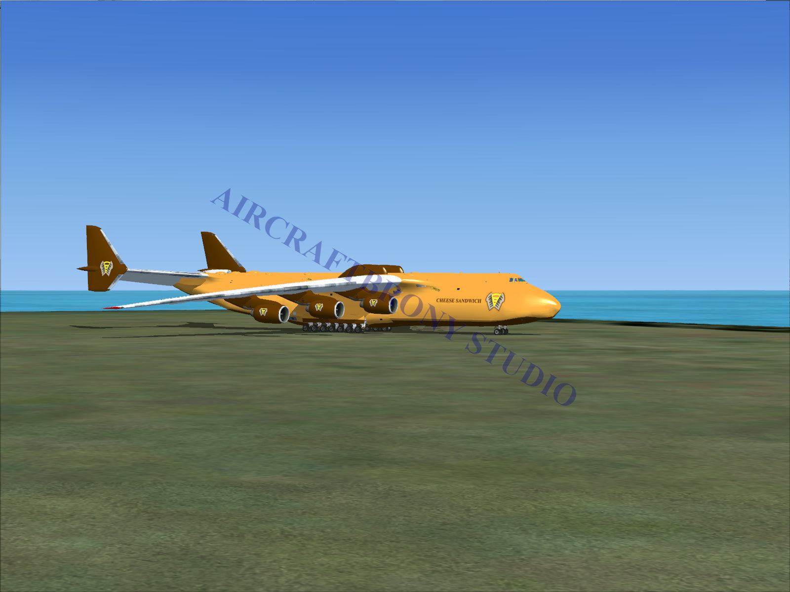 Golden cargo plane with six engines and twin tail fins.