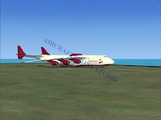 Red and white cargo plane with large wheels, designed for heavy-lift operations.