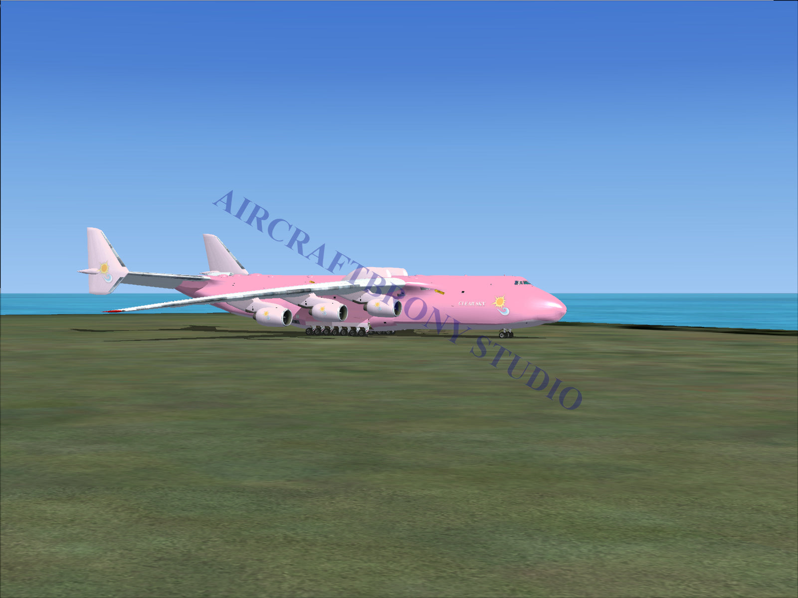 Pink cargo aircraft with six engines