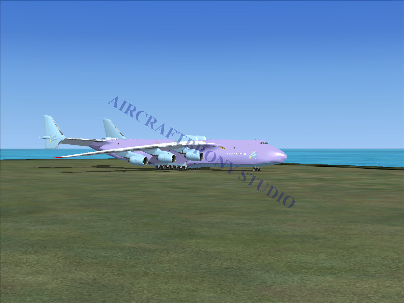Purple boeing 747-8 cargo plane with four engines and a large fuselage.