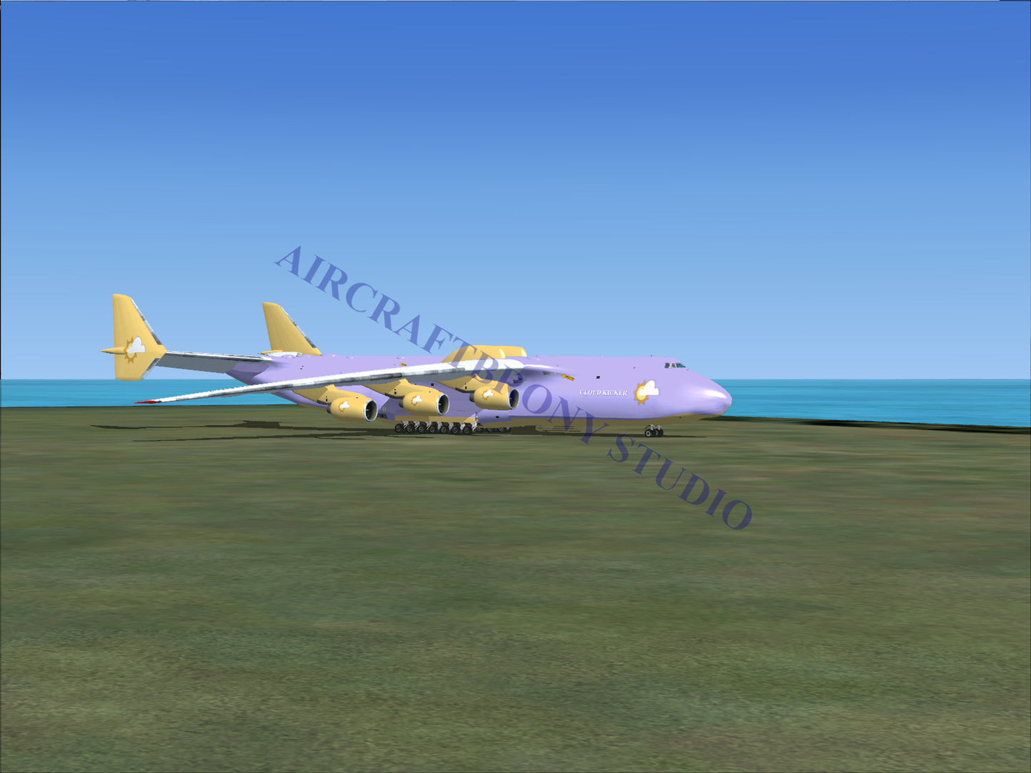 Purple and gold cargo plane model with four engines.