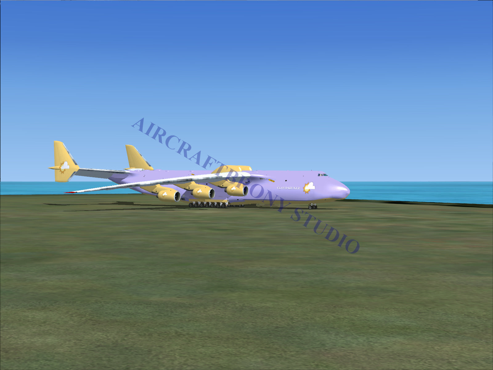 Purple and gold cargo plane model with four engines.