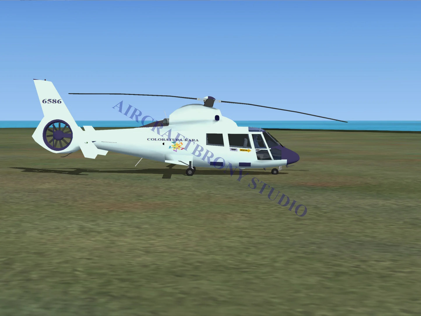White and purple coloratura-rara aerospatiale hh65 dolphin helicopter with branding on the side in digital image
