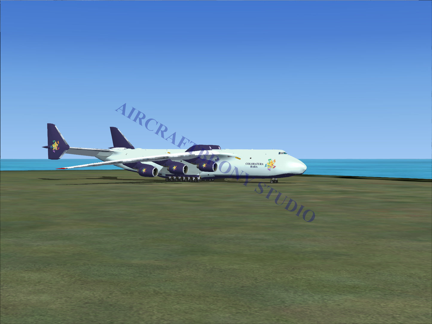 A white cargo plane with six engines and two tail fins.