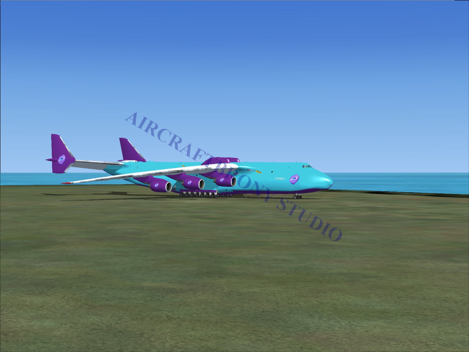 A turquoise and purple cargo plane with six engines.