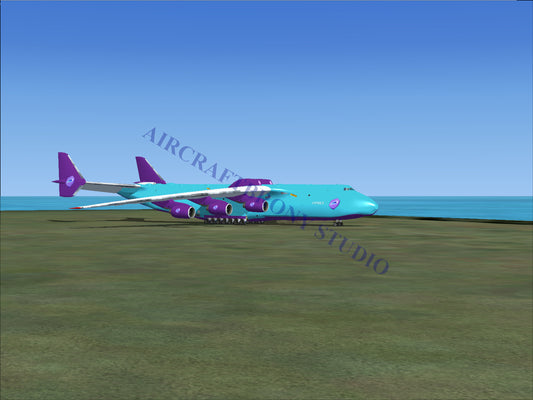 A turquoise and purple cargo plane with six engines.