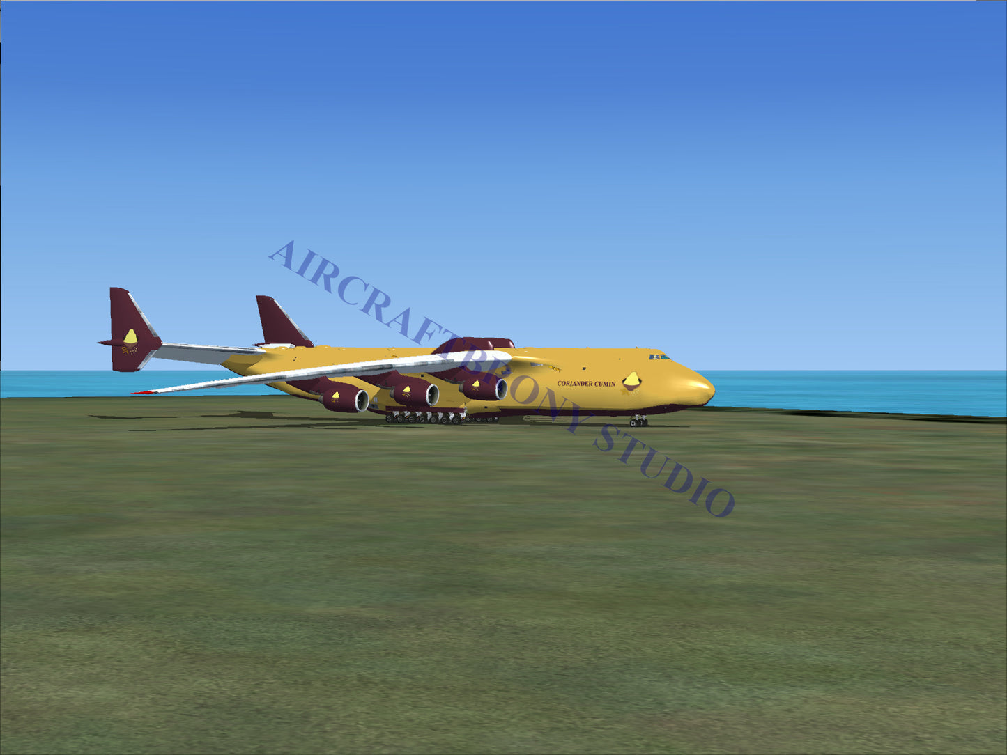 Yellow and maroon six-engine cargo aircraft.