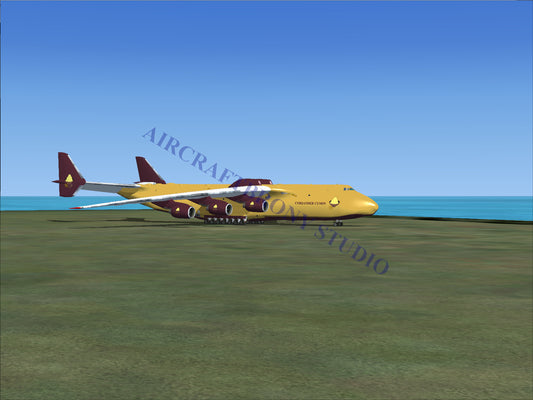 Yellow and maroon six-engine cargo aircraft.
