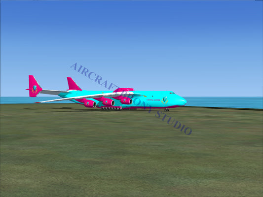 Turquoise and pink cargo plane with large wings.