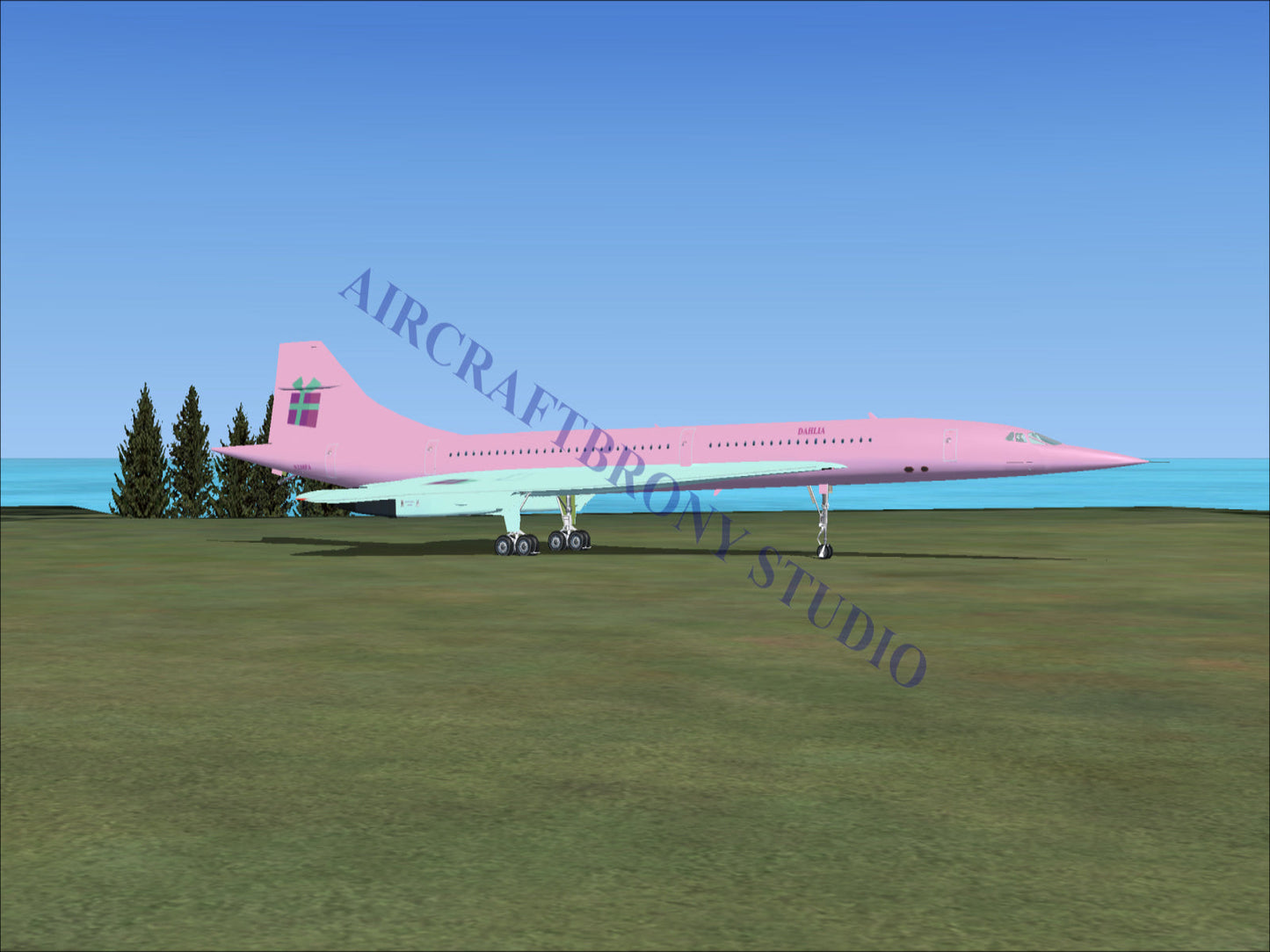 A dahlia aerospatiale concorde digital image of a pink supersonic jet with mint green underbelly and swedish flag tail