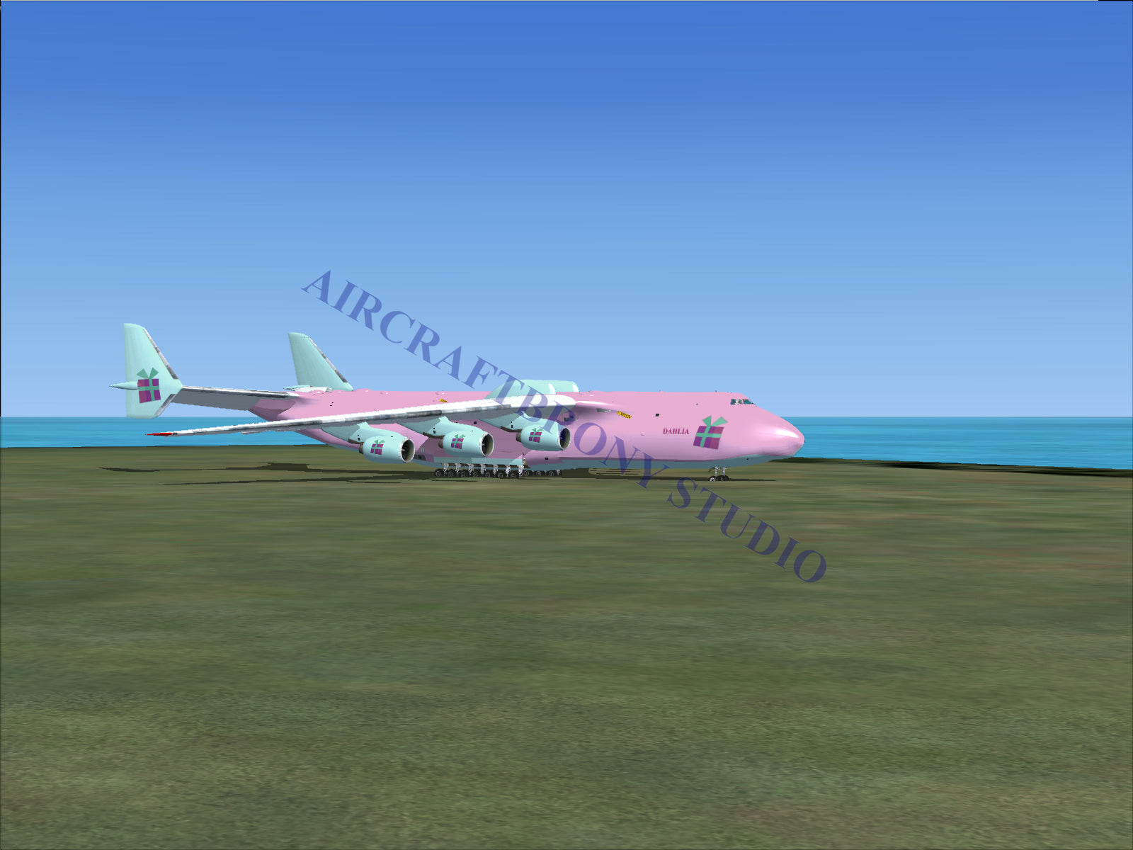 Pink boeing 747-8 cargo plane with four engines and a distinctive humpback design.