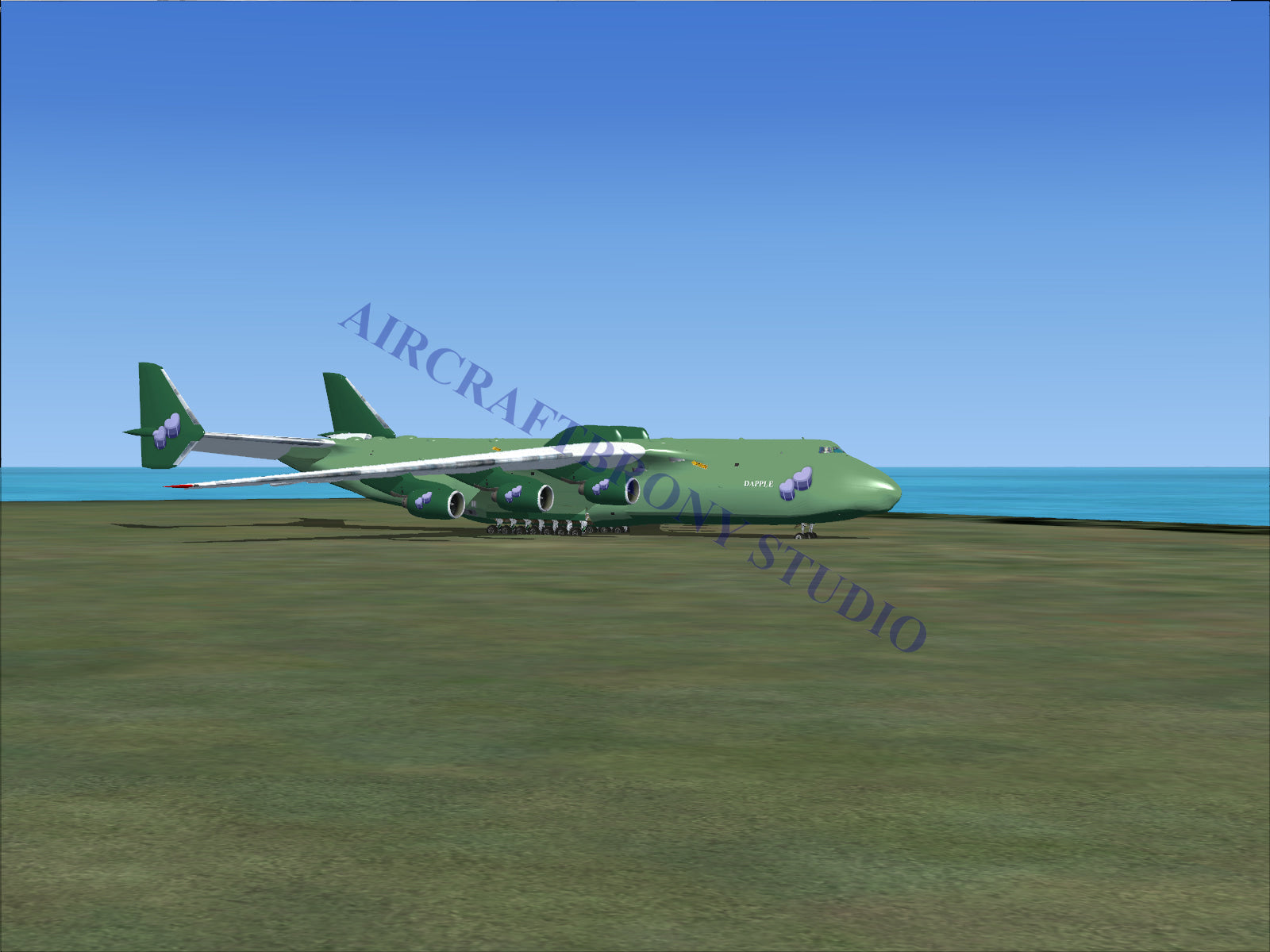 Green antonov an-225 mriya cargo plane with large wings and six engines.