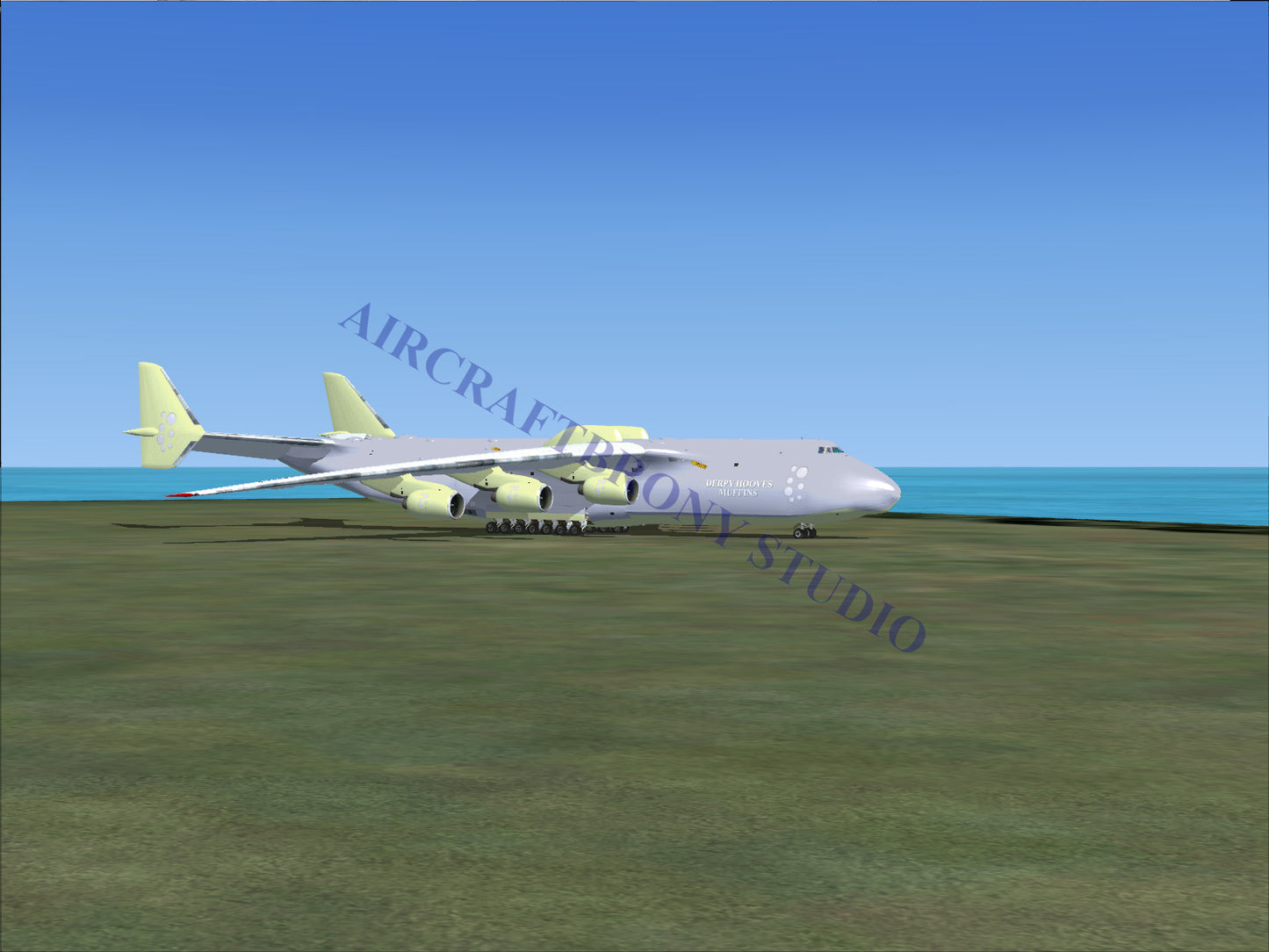 White antonov an-225 mriya cargo plane with four engines and a distinctive tail design.