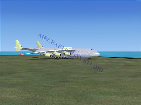 White antonov an-225 mriya cargo plane with four engines and a distinctive tail design.
