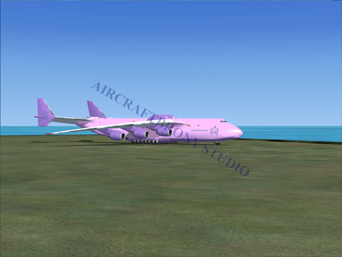 Pink cargo aircraft with six engines