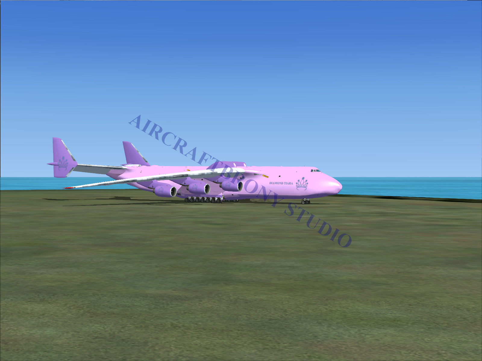 Pink cargo aircraft with six engines