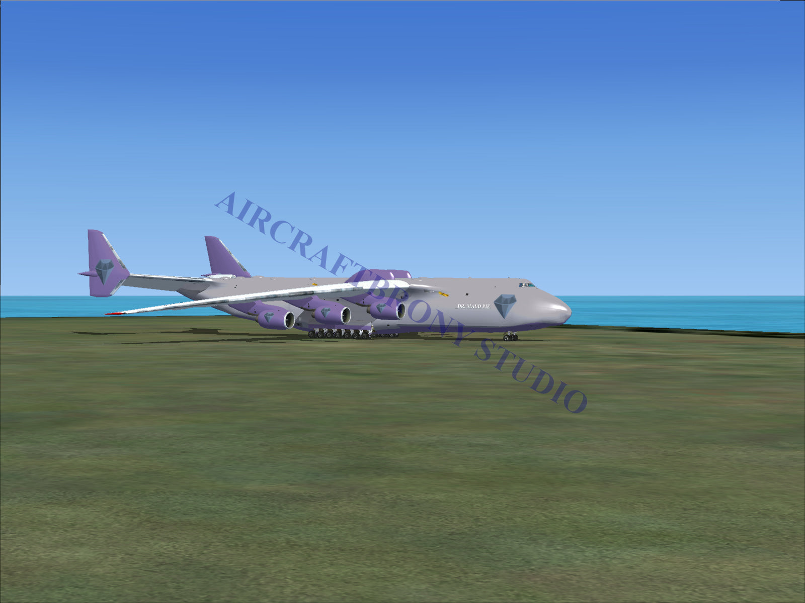 A multi-engine cargo aircraft with purple accents.