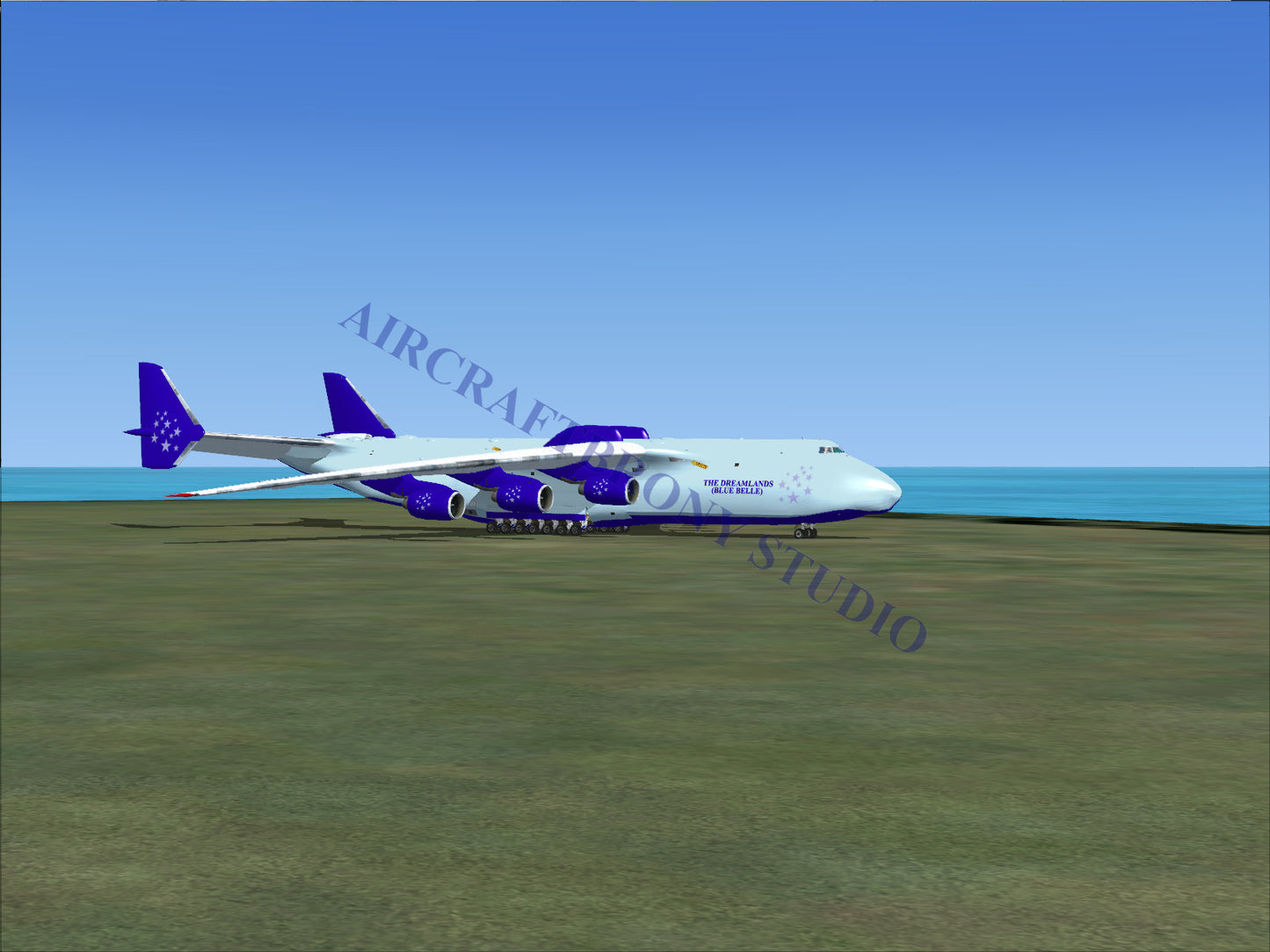 Blue and white cargo plane with purple accents, designed for heavy-lift transport.