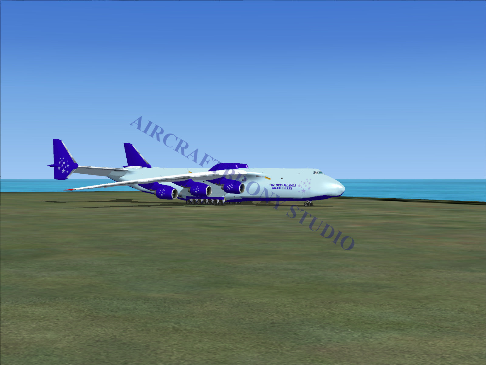 Blue and white cargo plane with purple accents, designed for heavy-lift transport.